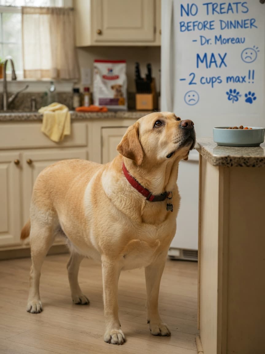 Overweight yellow Labrador Retriever with soft golden coat and floppy ears standing in a kitchen, looking up longingly at a food bowl on the counter, illustrating the breed's characteristic food motivation