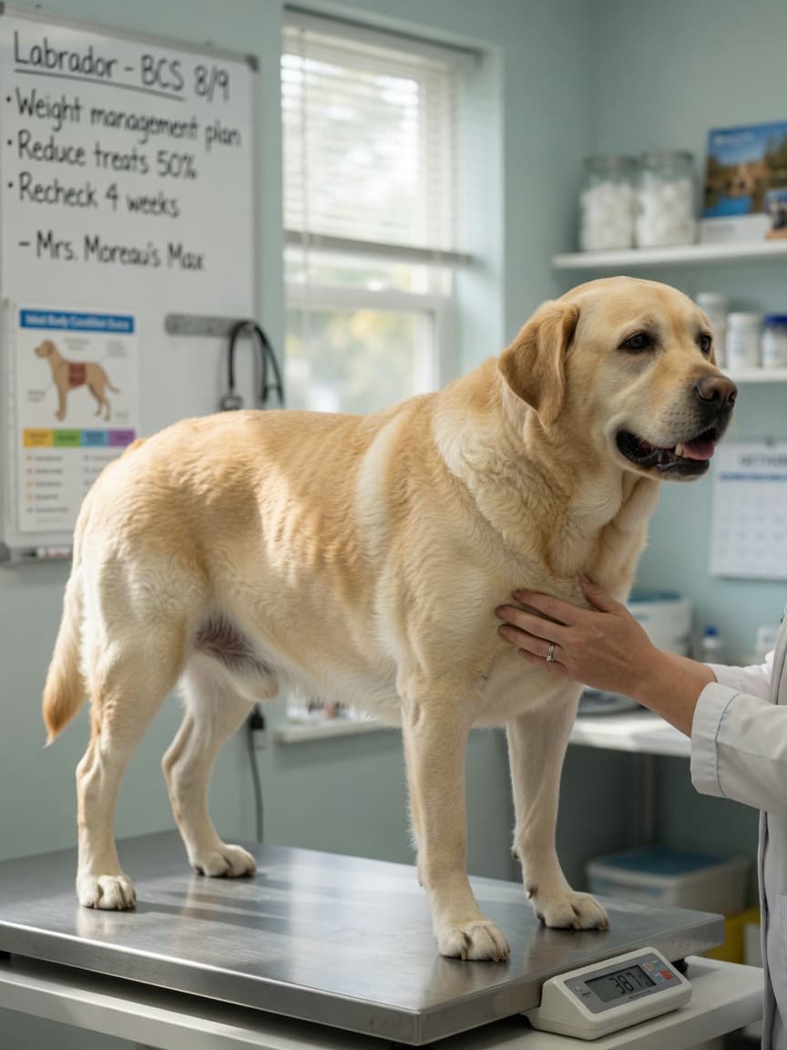 Overweight yellow Labrador Retriever on veterinary scale with vet assessing body condition