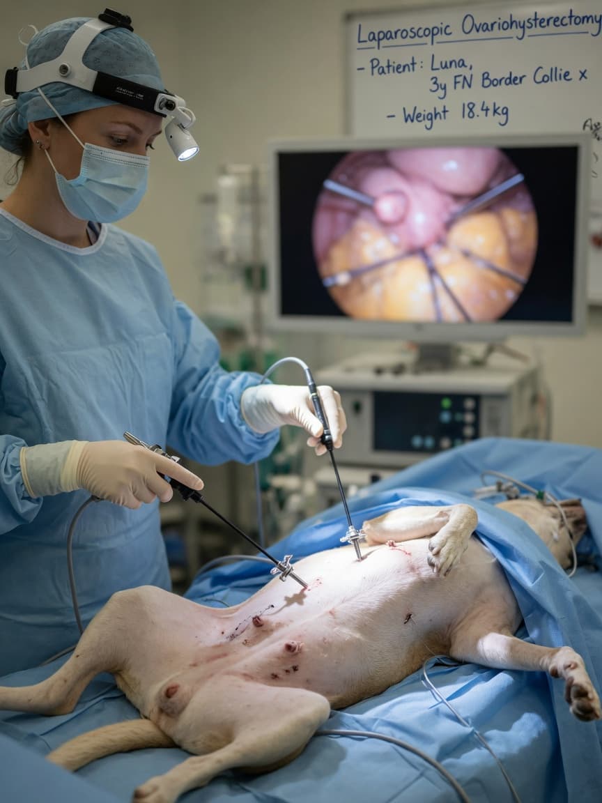 Veterinary surgeon performing laparoscopic spay surgery on a dog using specialized instruments through small incisions