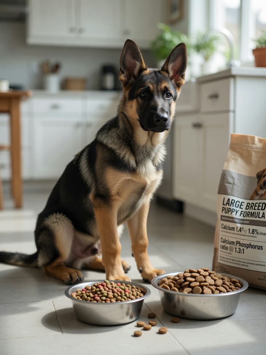 Large breed German Shepherd puppy with two different dog food bowls demonstrating large-breed specific nutrition