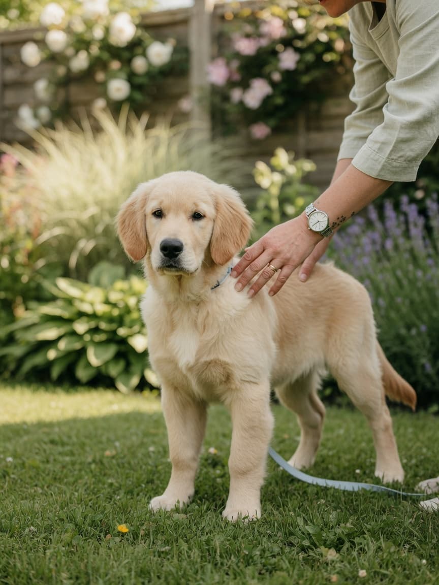 Golden Retriever puppy on lead being walked by owner in garden during controlled exercise session