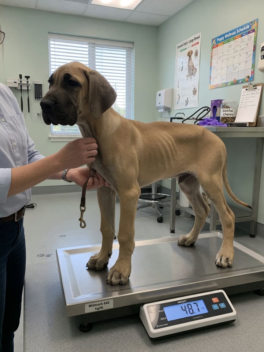 Large breed puppy being weighed at veterinary clinic to monitor healthy growth rate