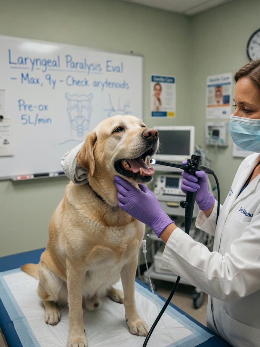 Veterinarian performing laryngoscopy examination on a golden Labrador Retriever with an endoscope to diagnose laryngeal paralysis