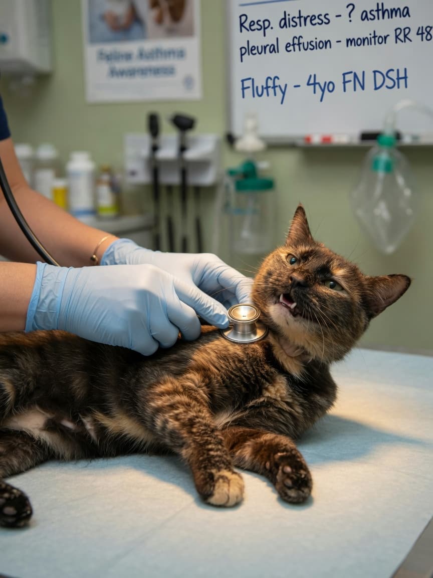 Cat undergoing respiratory examination at veterinary clinic showing signs of breathing difficulty and laryngeal distress