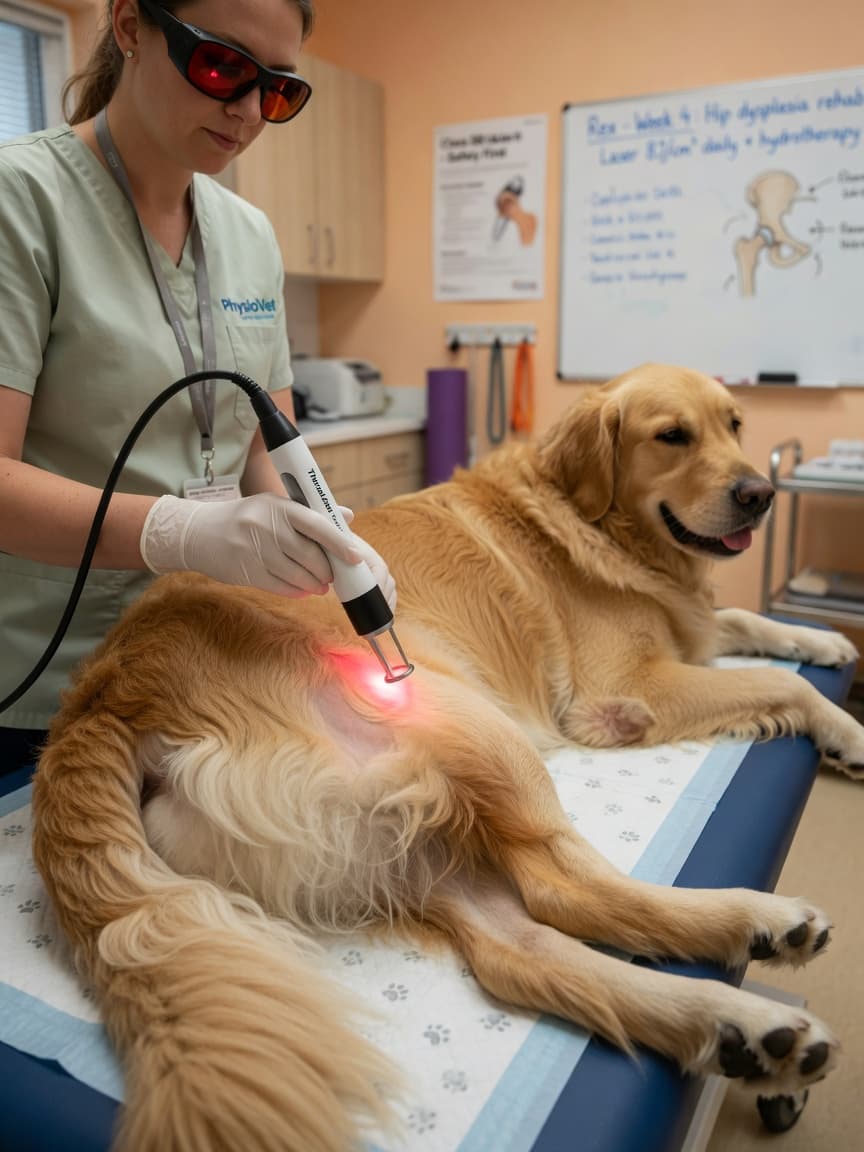 Veterinary therapist applying therapeutic laser treatment to a Golden Retriever's hind leg during rehabilitation session
