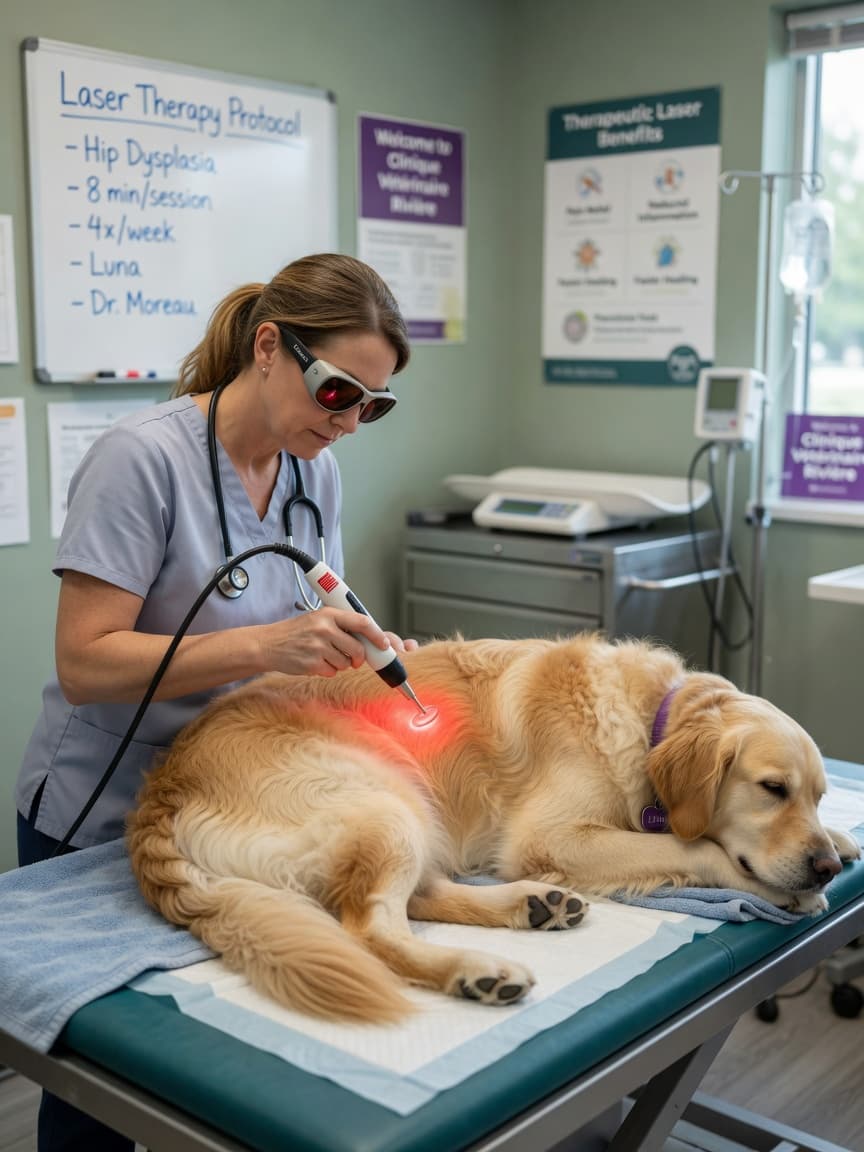 Veterinarian performing laser therapy on a golden retriever's hip during a treatment session in a modern veterinary clinic