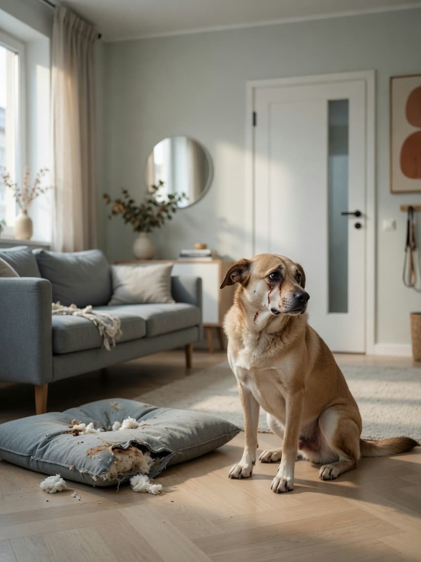 Distressed dog alone in living room staring at closed door with chewed cushion visible