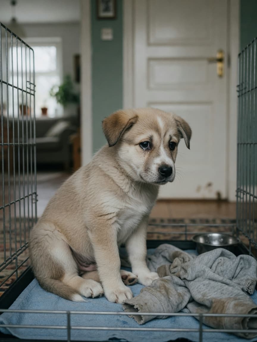 Young puppy sitting alone in a crate looking anxious while owner's clothing rests nearby