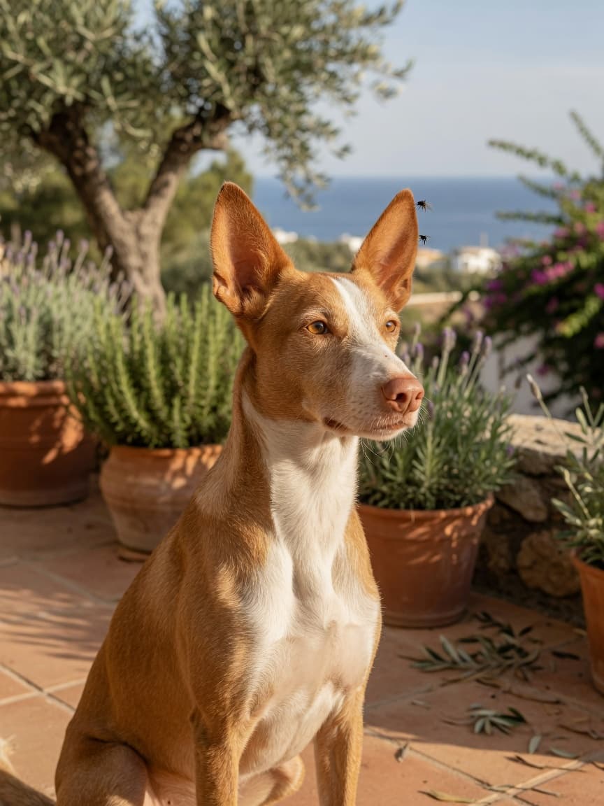 Alert dog in Mediterranean garden setting with sandfly transmission risk visible