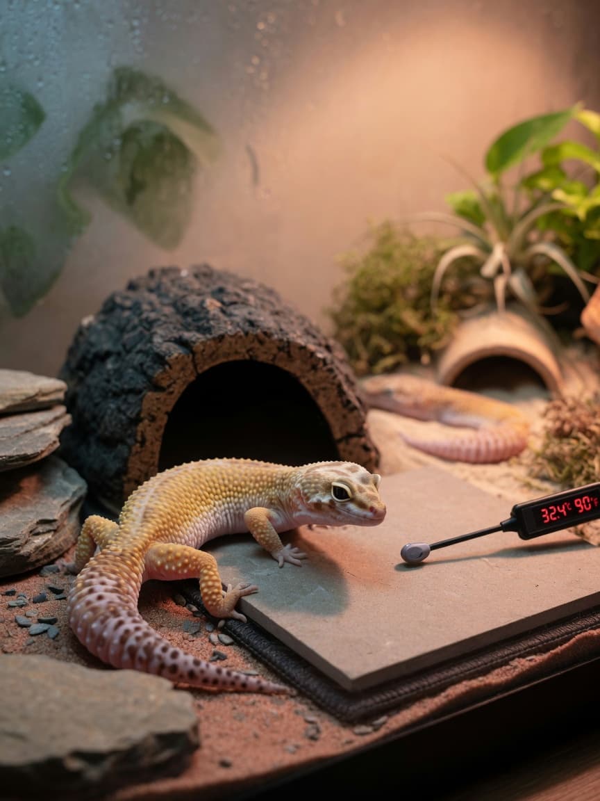 A pale yellow leopard gecko with dark spots resting on slate tile in an enclosure with a thermometer probe nearby, showing proper temperature gradient setup