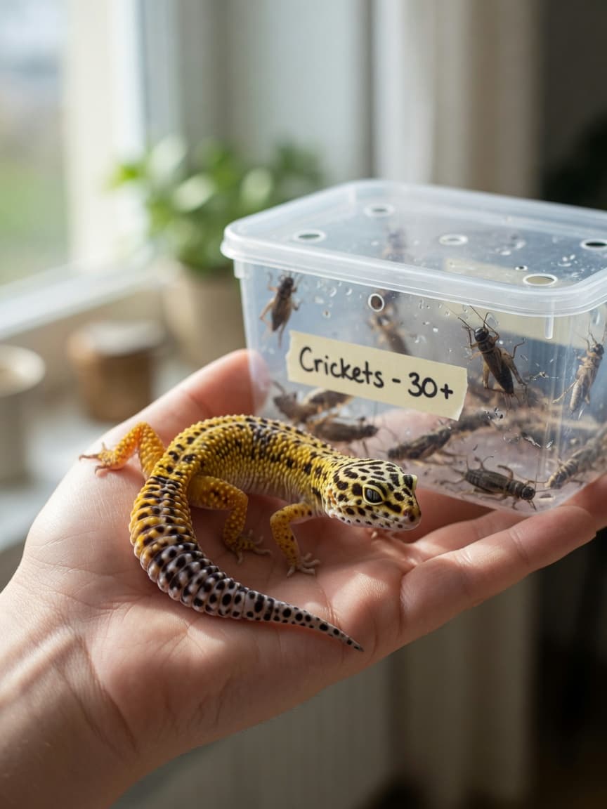 A leopard gecko resting on an open human palm next to a container of live crickets, showing the proper feeder insects for gecko diet.