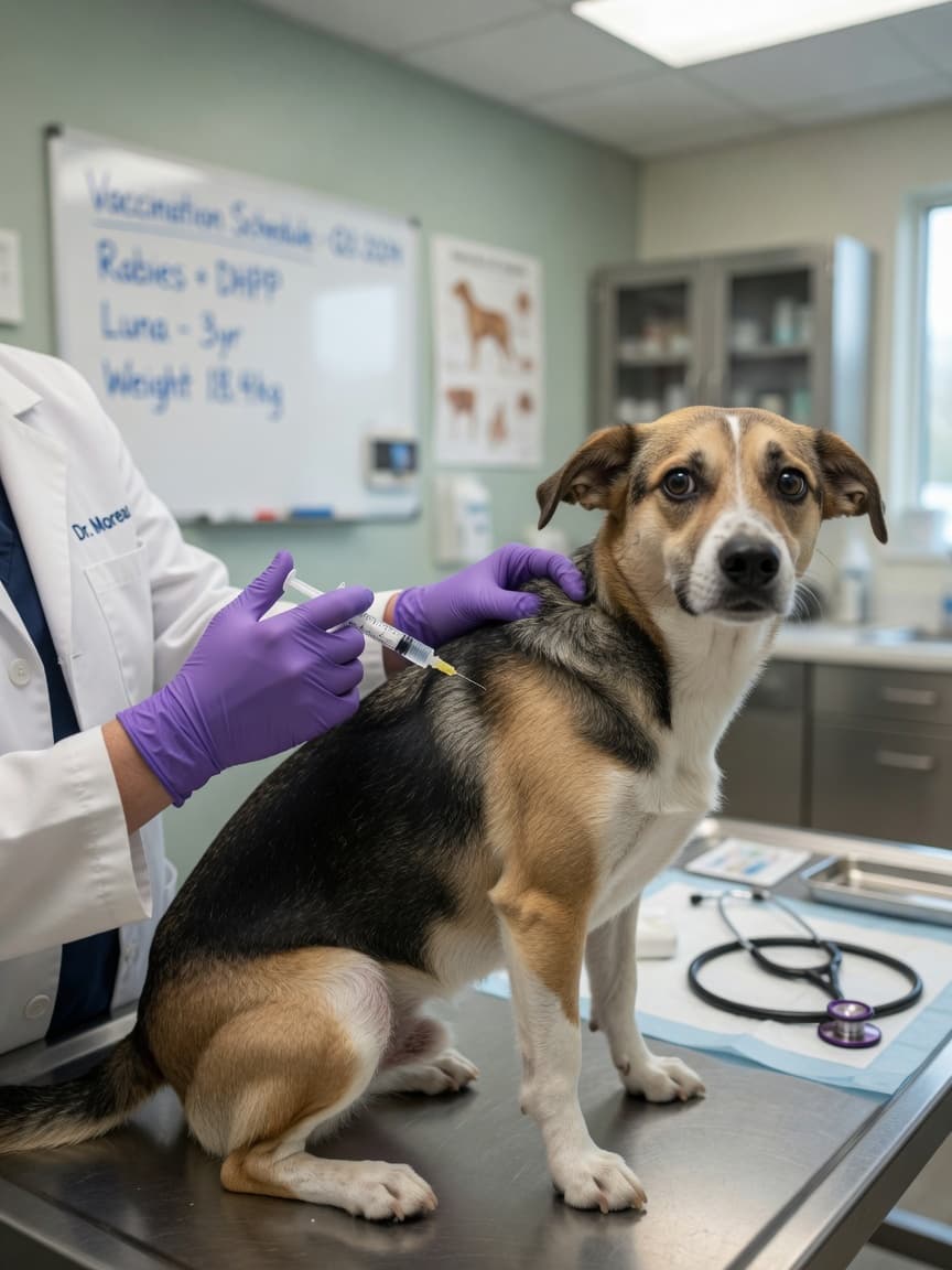 Veterinarian administering leptospirosis vaccine injection to dog on examination table