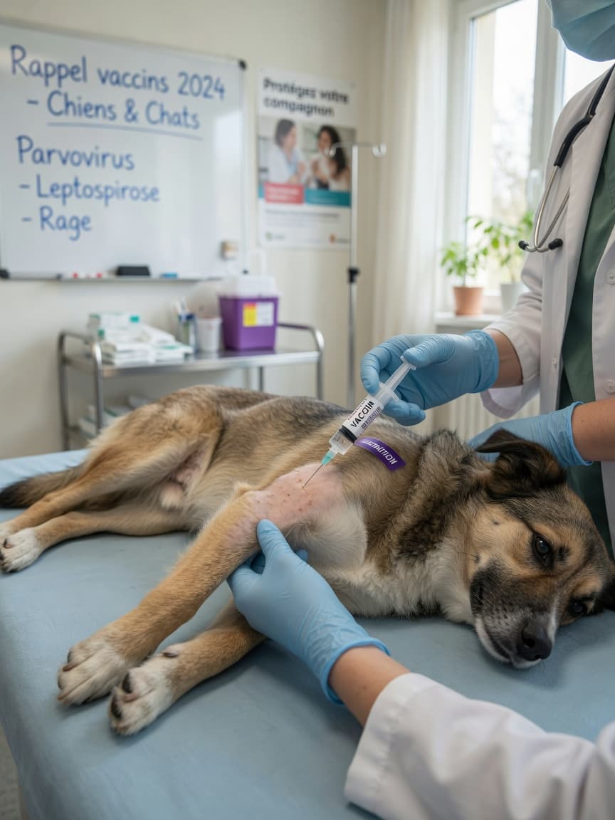 Veterinarian administering a leptospirosis vaccine injection to a calm dog on an examination table in a bright clinical setting