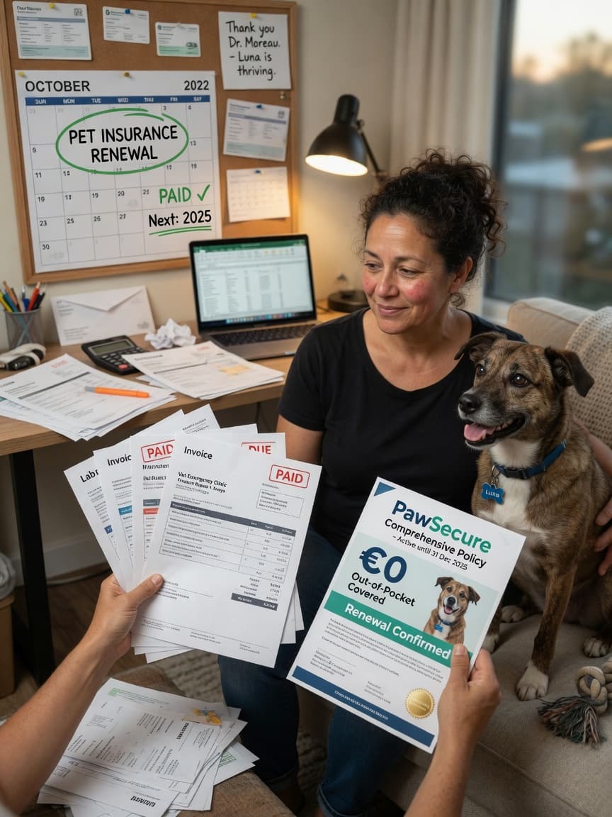 Pet owner holding insurance policy and veterinary bills, contrasting financial security with medical expenses, dog sitting nearby