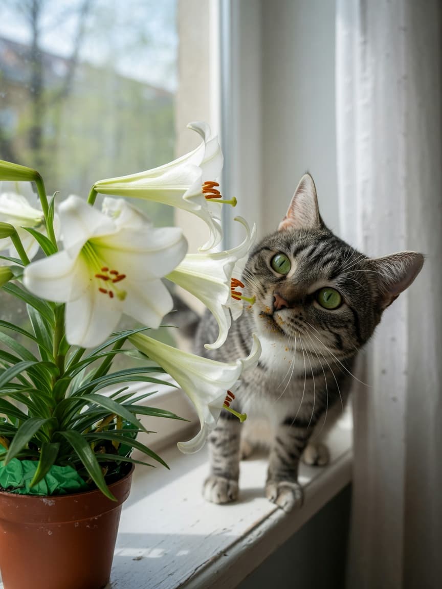 Tabby cat with green eyes sniffing a potted white Easter lily with orange stamens on a bright windowsill, illustrating the hidden danger of lilies to cats.