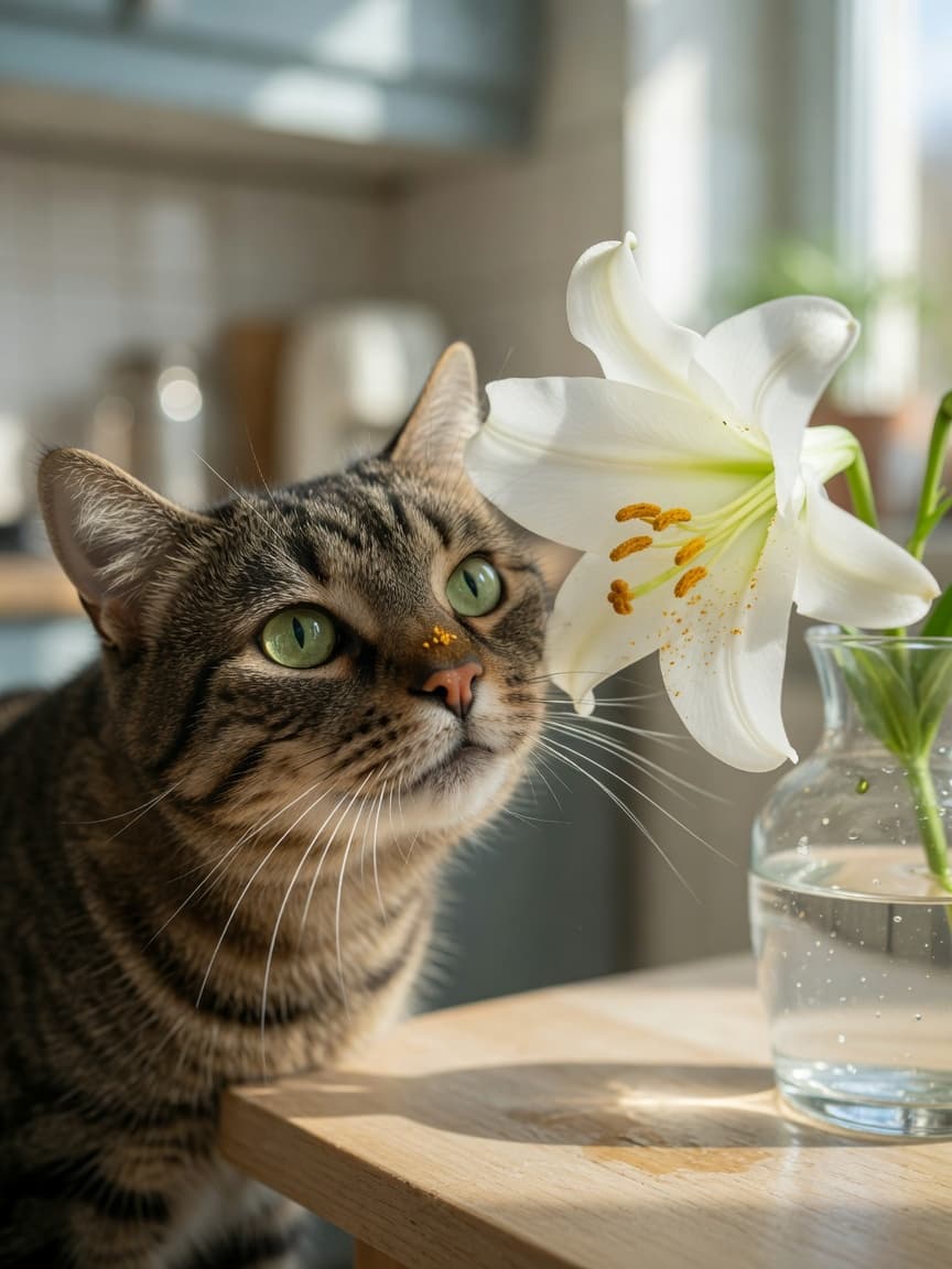 A curious tabby cat approaching a white Easter lily in a glass vase, nose extended toward the pollen-dusted stamens