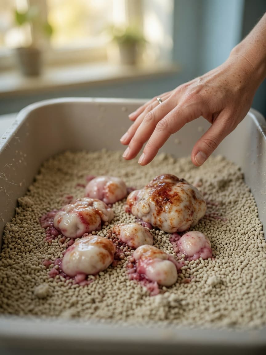 Close-up of a litter box showing discolored urine clumps with pink and rust tones, with an owner's hand examining the contents for health signs