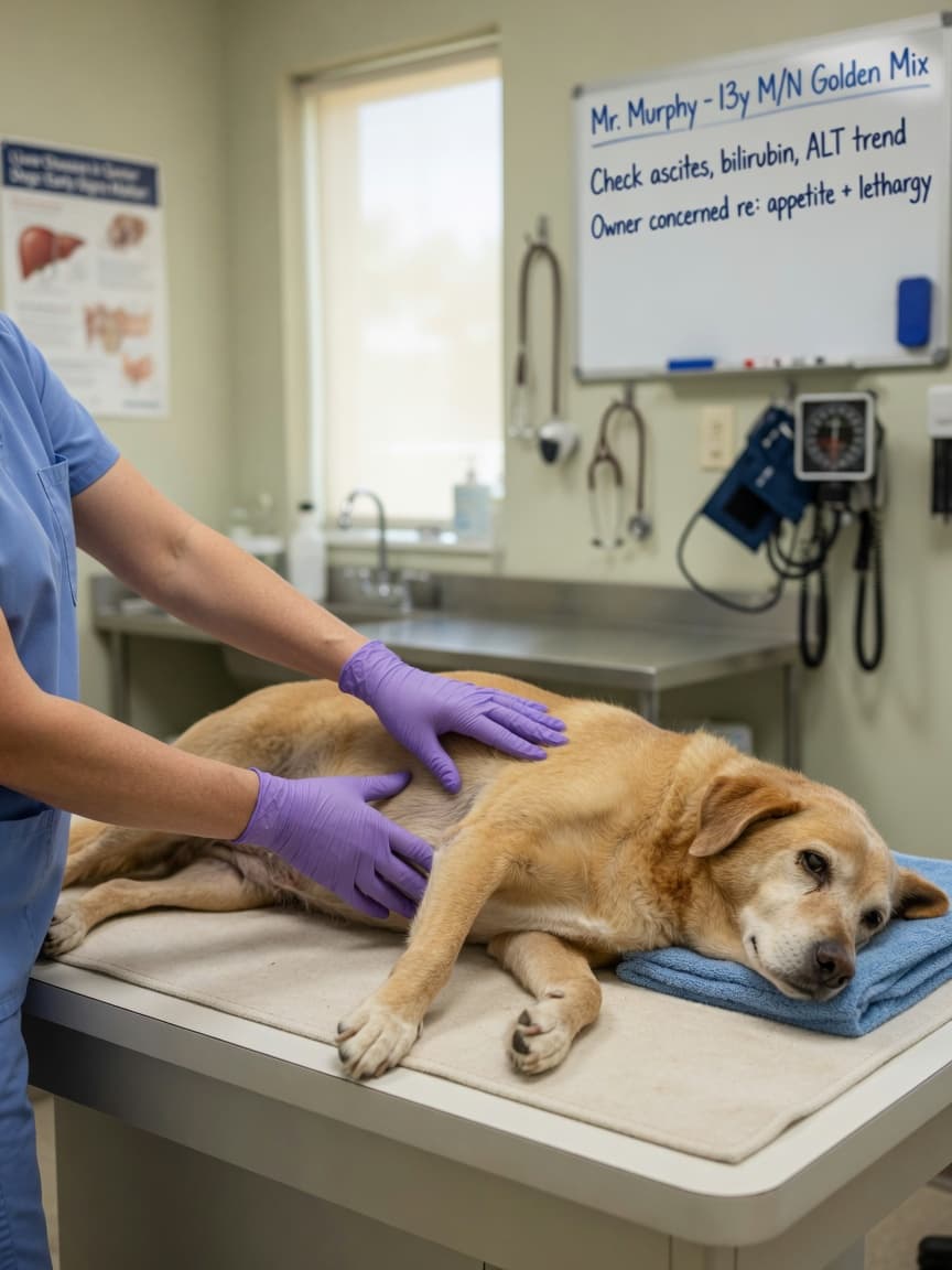 Veterinarian performing abdominal examination on an elderly dog showing signs of lethargy and jaundice in a clinical setting