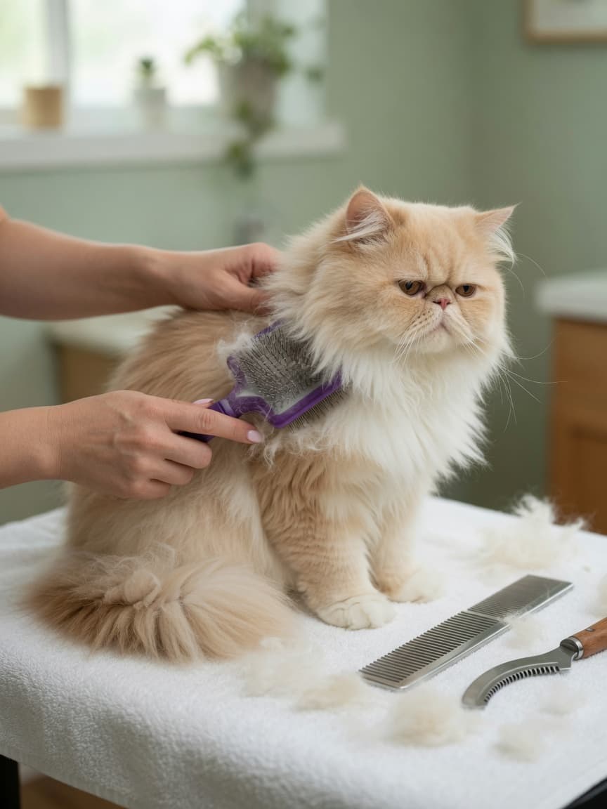Long-haired Persian cat being groomed with a slicker brush on a white towel, showing grooming tools nearby
