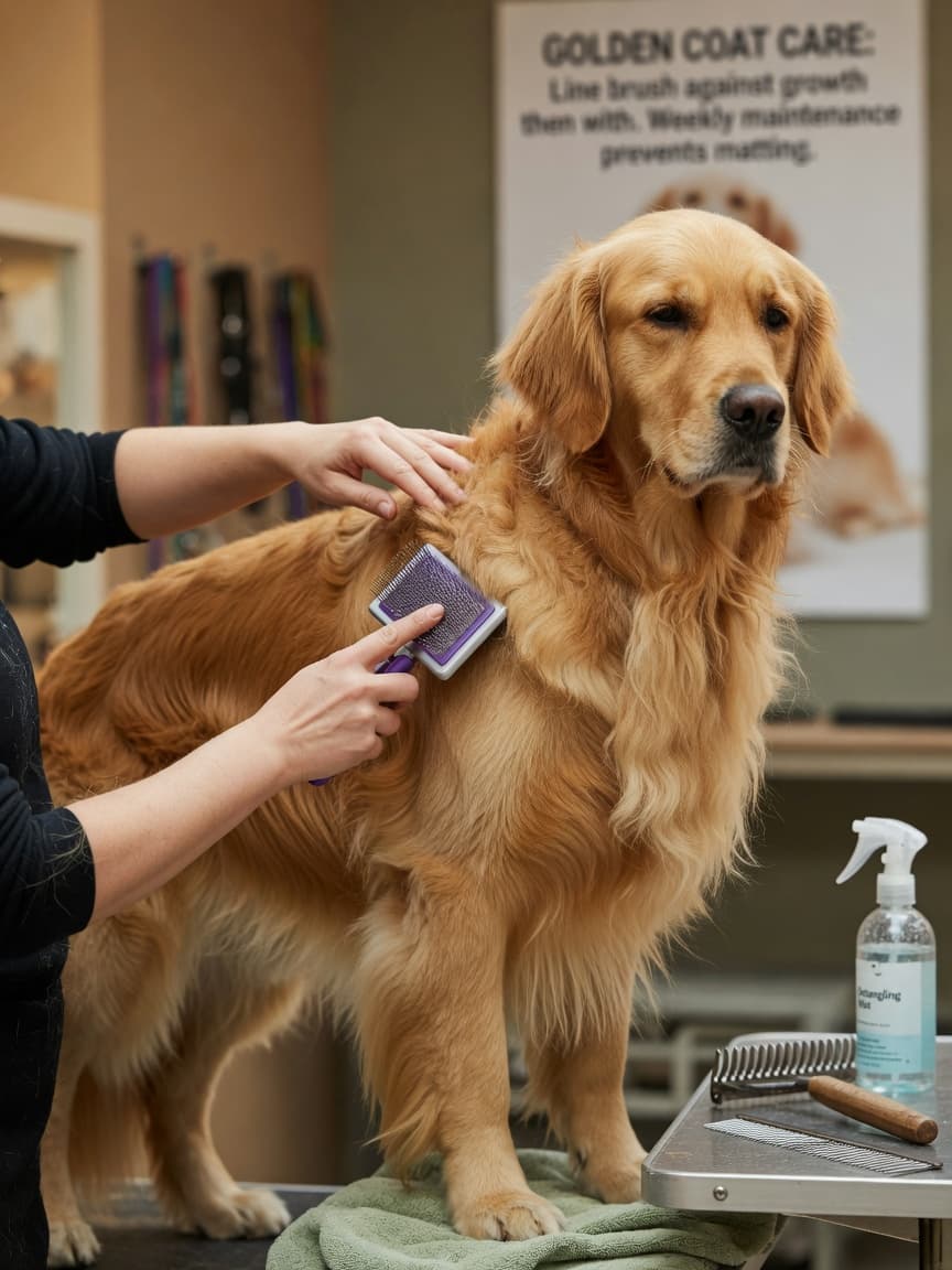 Professional groomer using a slicker brush on a Golden Retriever's dense, flowing double coat during a grooming session