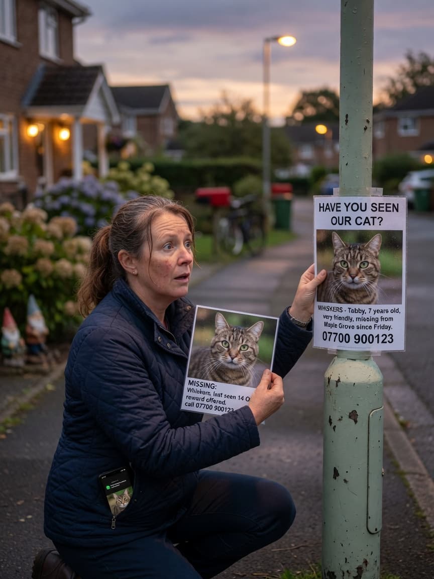 Woman posting lost cat flyers on a street lamp at dusk