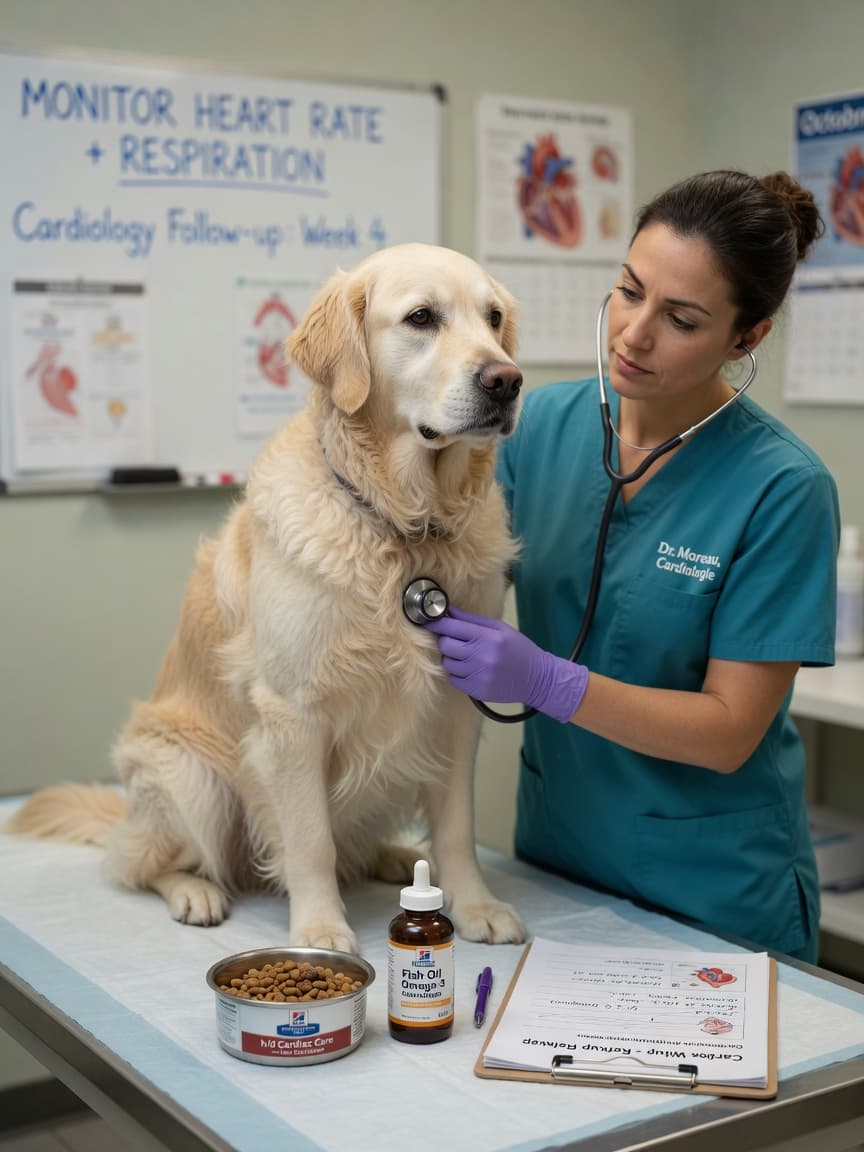 Veterinary cardiologist examining a golden retriever with stethoscope, with cardiac prescription diet and supplements on the examination table
