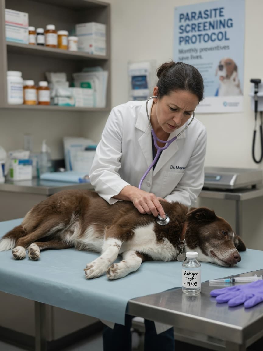 Veterinarian examining a dog with stethoscope during lungworm diagnostic assessment