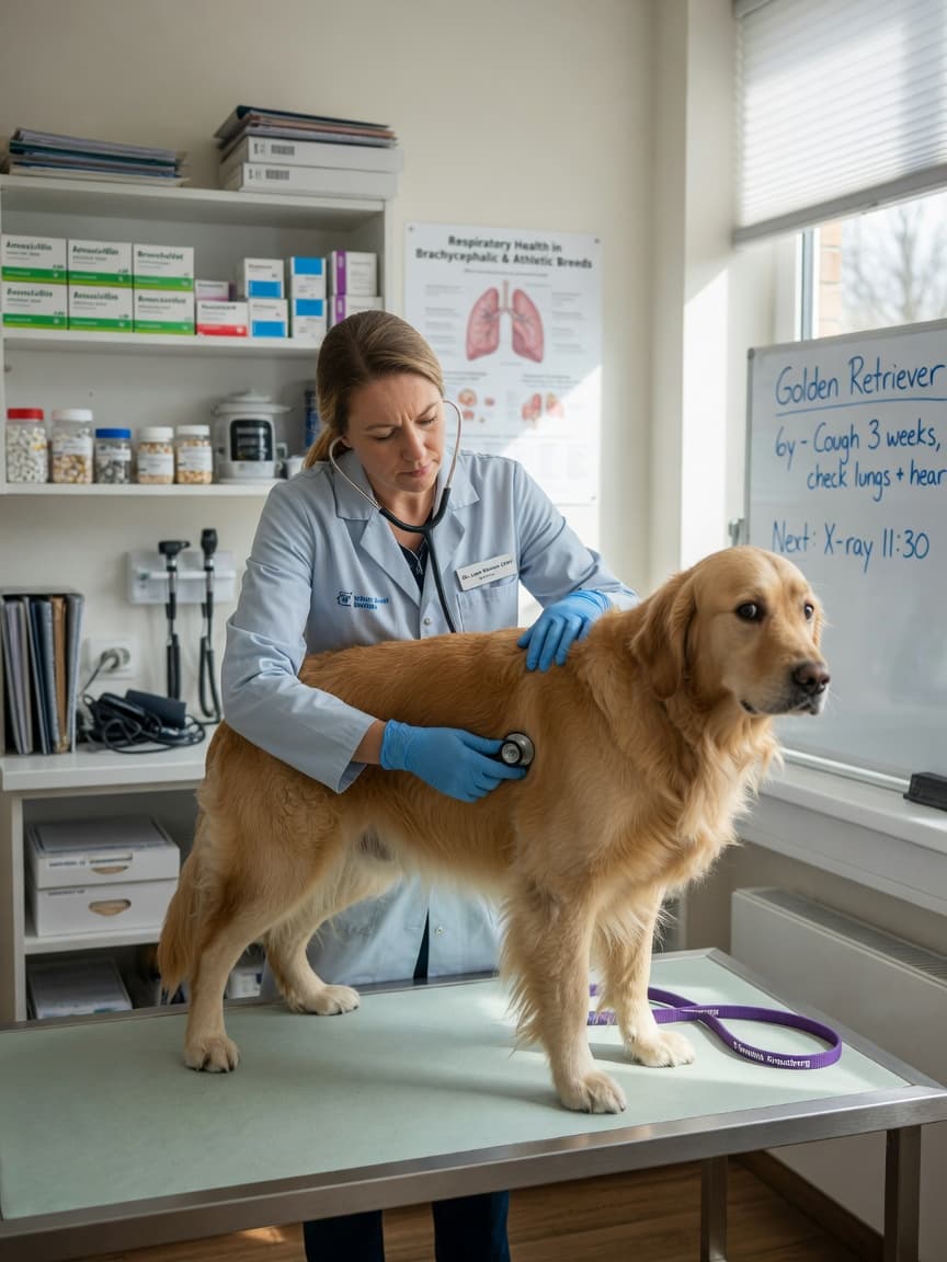 Veterinarian examining a Golden Retriever's lungs with a stethoscope during a respiratory health check in a modern clinic