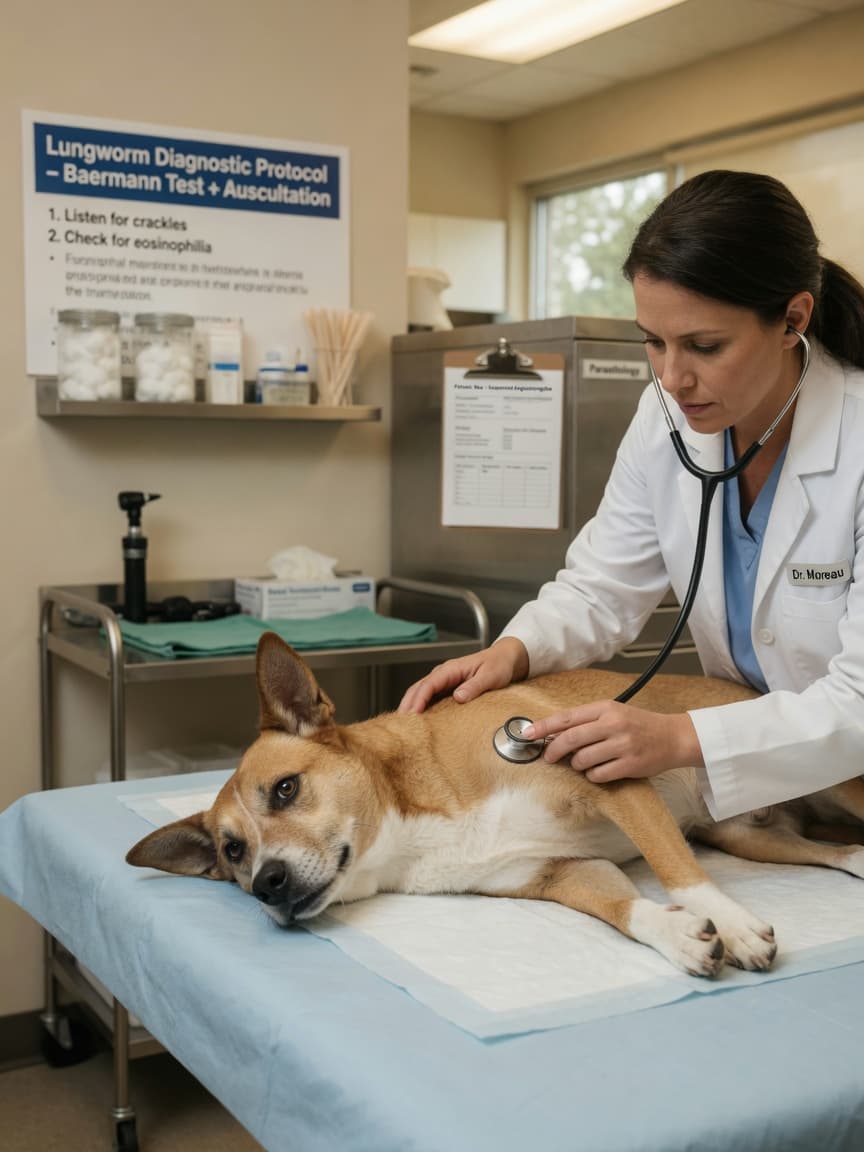 Veterinarian examining a dog with stethoscope during lungworm diagnostic assessment