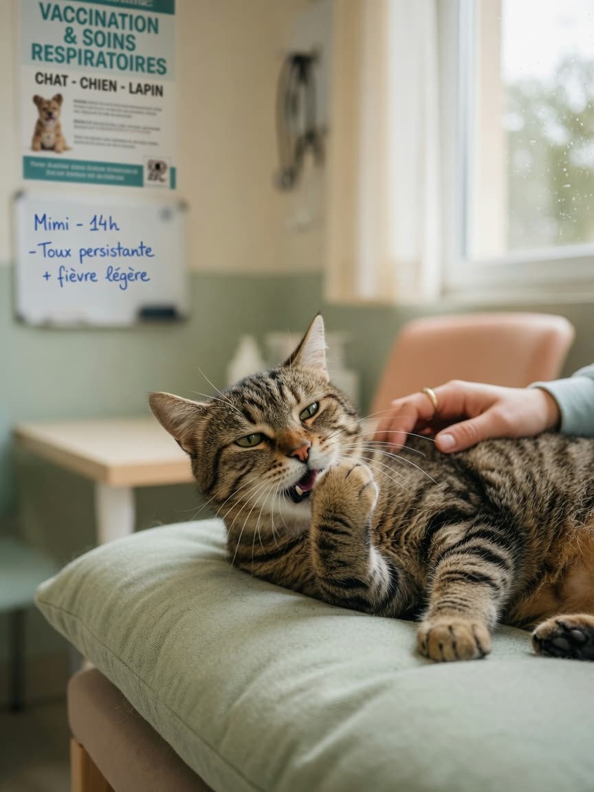 Tabby cat coughing indoors with owner's hand providing comfort during respiratory distress