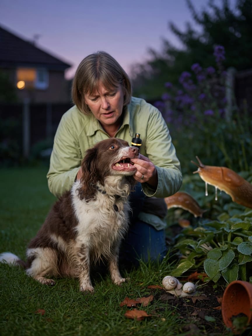 Dog owner examining dog's gums in garden during dusk, checking for lungworm symptoms