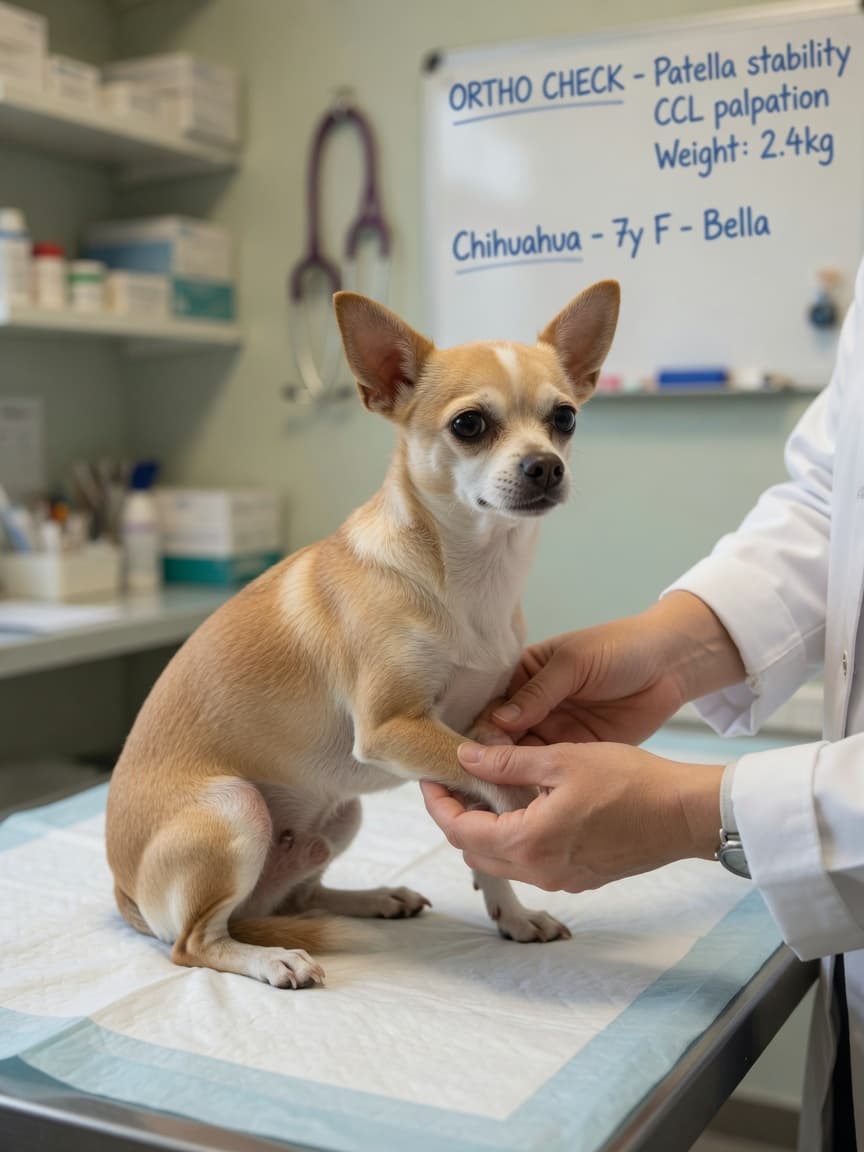Veterinarian examining a small Chihuahua's knee during orthopedic assessment for luxating patella