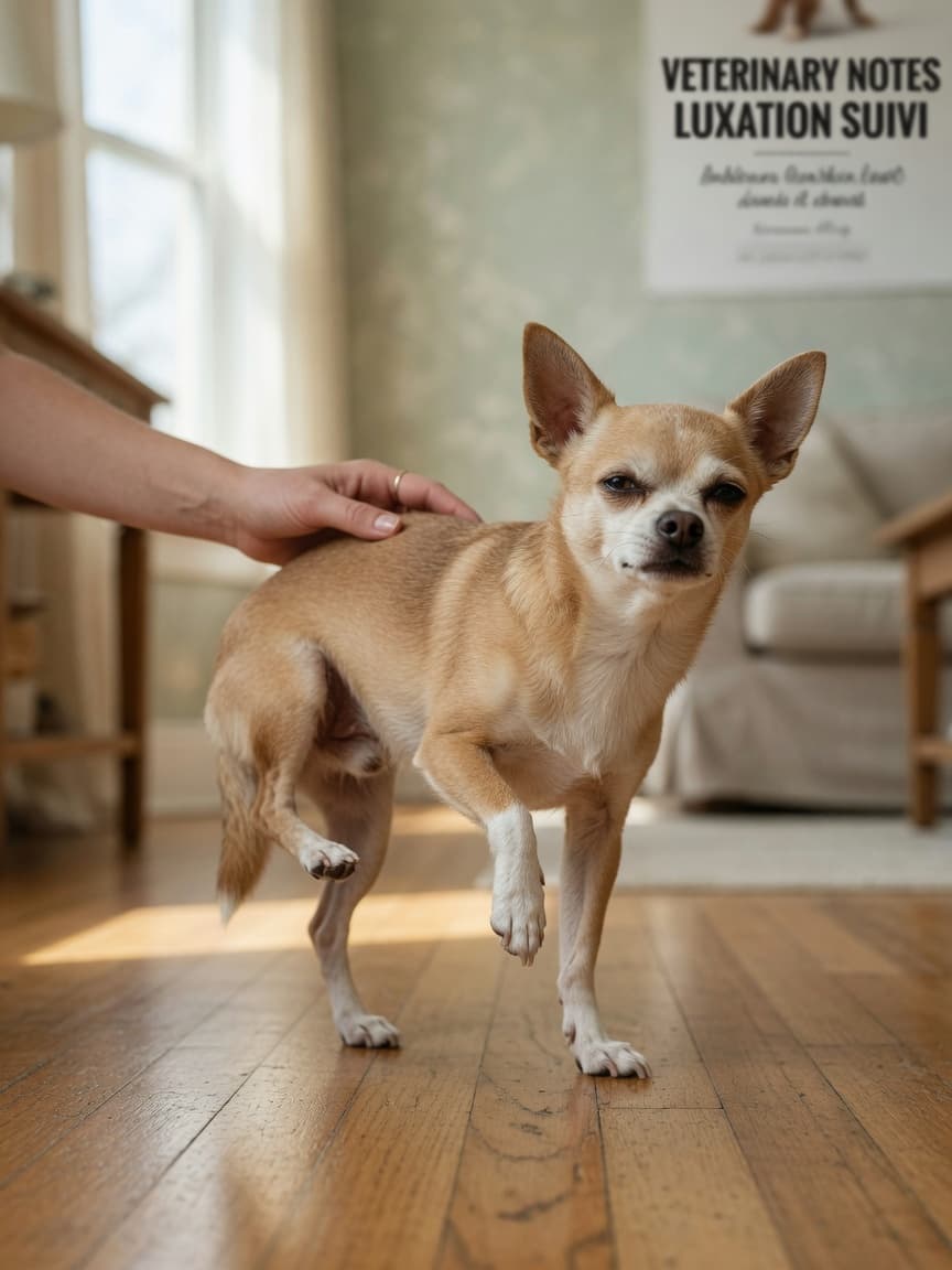 Small Chihuahua holding up hind leg while limping, owner's hand supporting its back, demonstrating patellar luxation skipping gait
