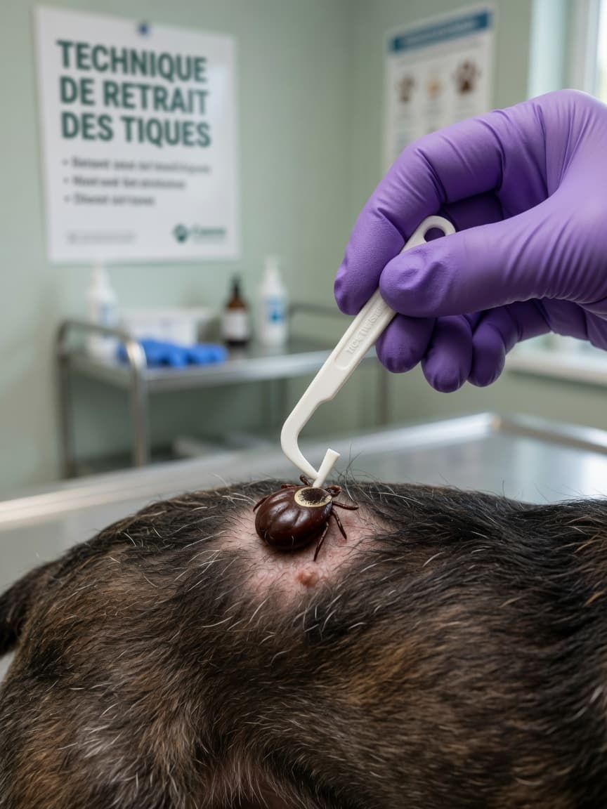 Veterinarian using a tick removal hook to safely remove an engorged tick from a dog's skin, demonstrating proper technique