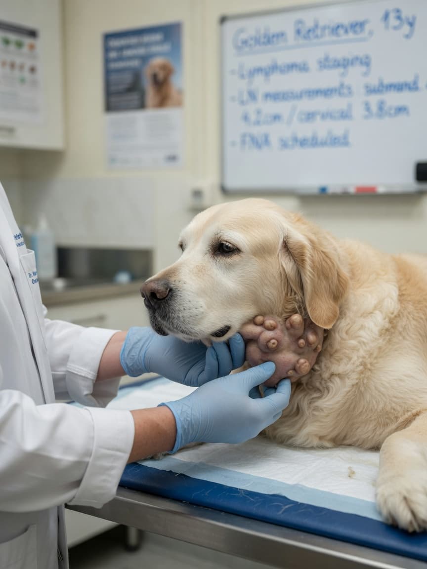 Veterinary oncologist examining enlarged lymph nodes on a senior Golden Retriever during a lymphoma evaluation