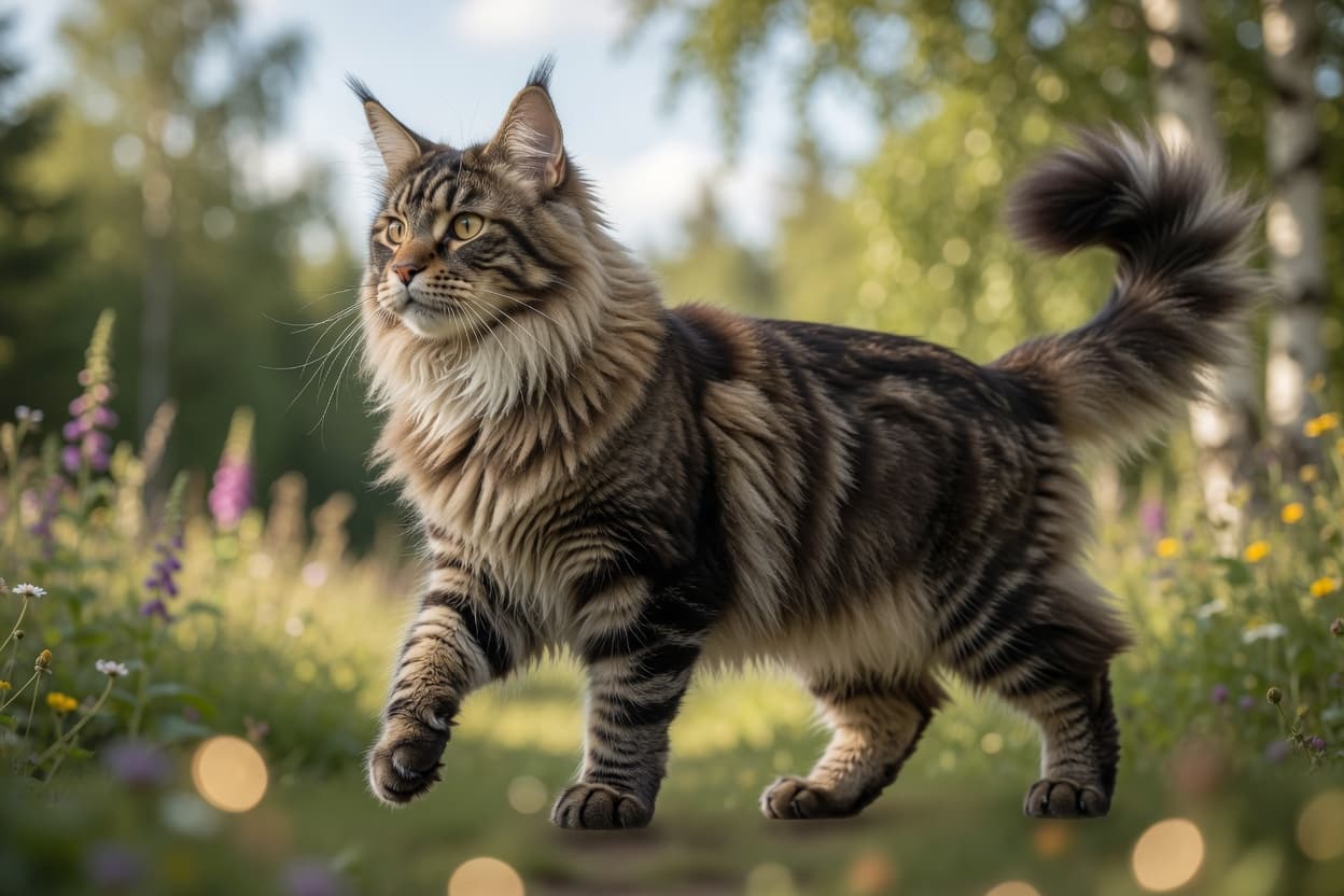 Maine Coon cat displaying characteristic tufted ears, large paws, and luxurious coat