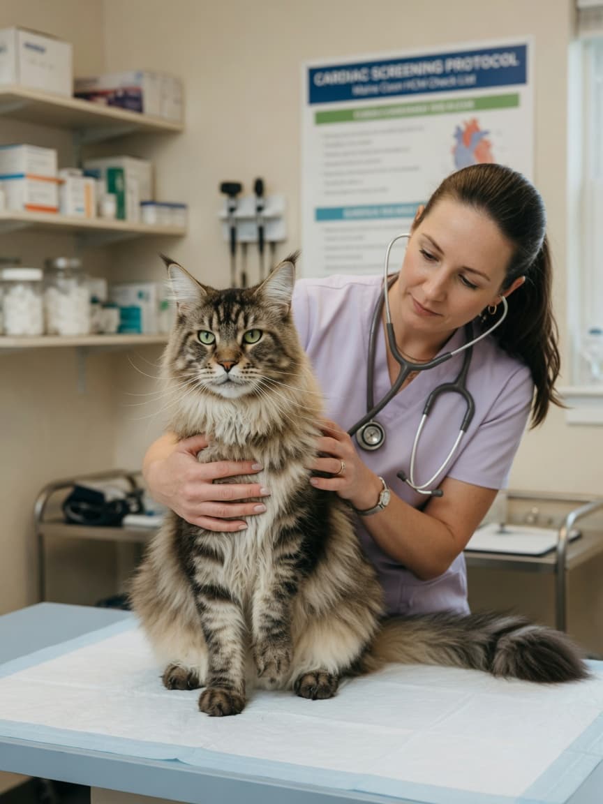 Maine Coon cat undergoing cardiac examination by veterinarian with stethoscope at clinic