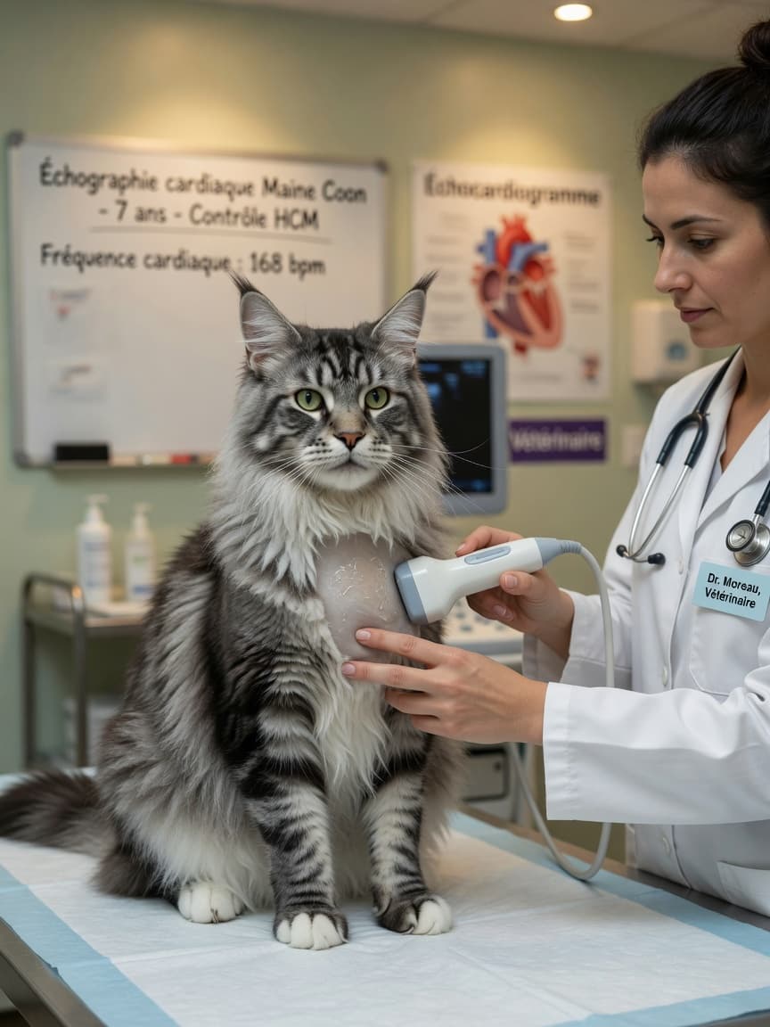 Maine Coon undergoing cardiac ultrasound examination at veterinary clinic