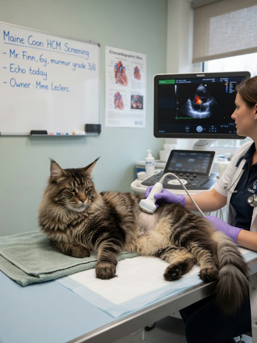 Maine Coon cat undergoing echocardiography screening at a veterinary cardiology clinic