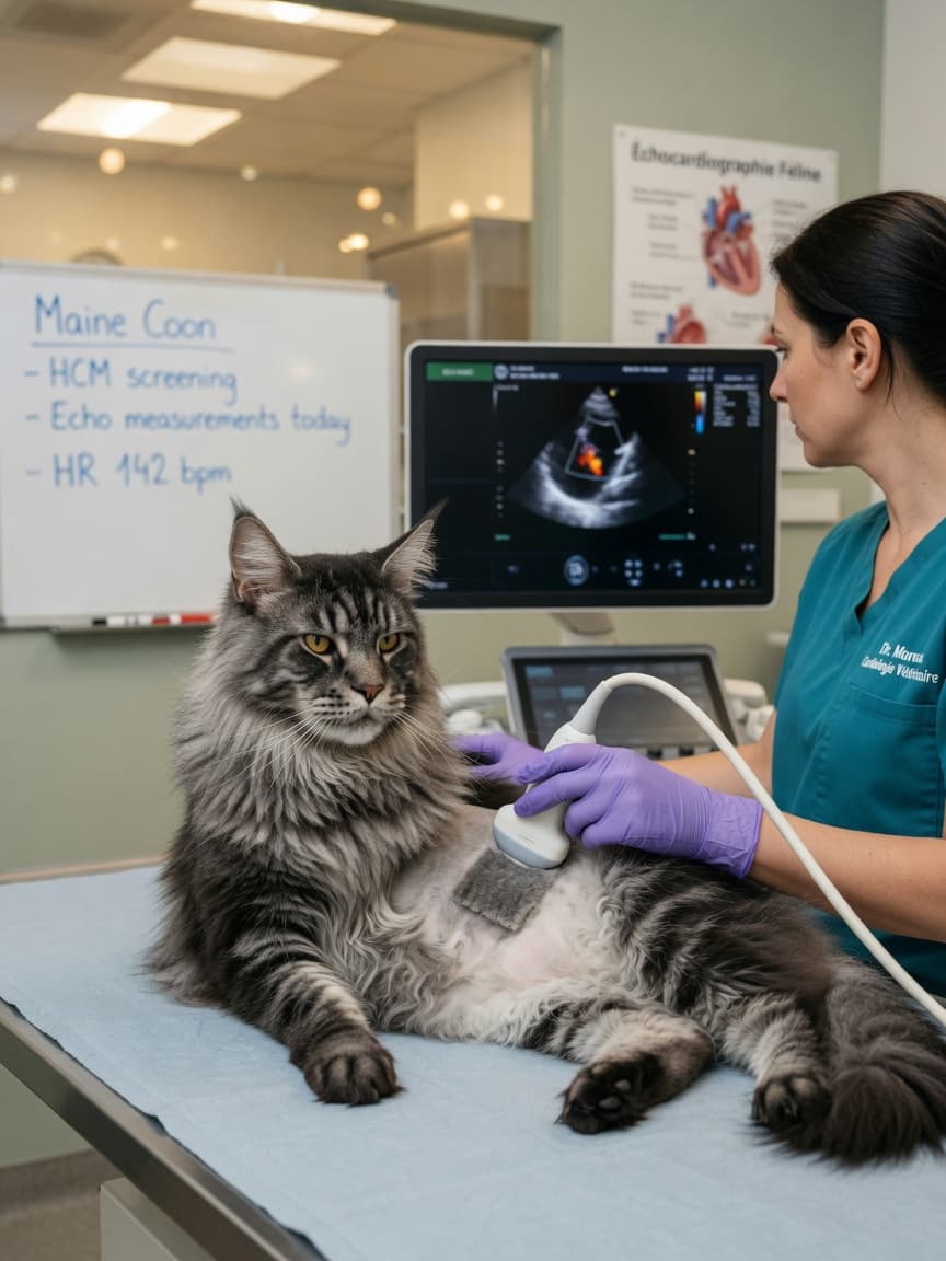 Maine Coon undergoing echocardiography heart ultrasound with veterinary cardiologist