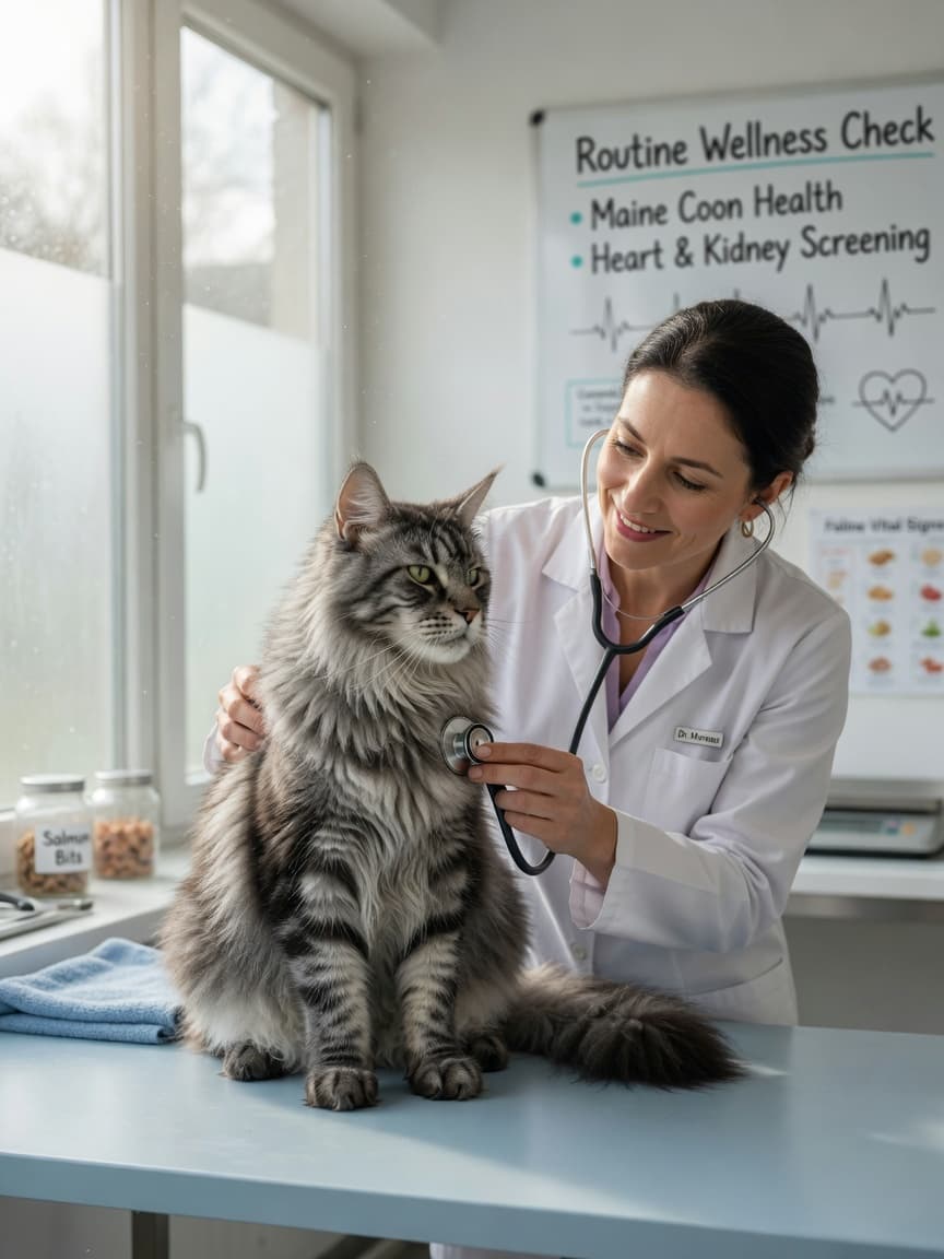 Veterinarian examining a healthy Maine Coon cat with stethoscope during routine cardiac screening