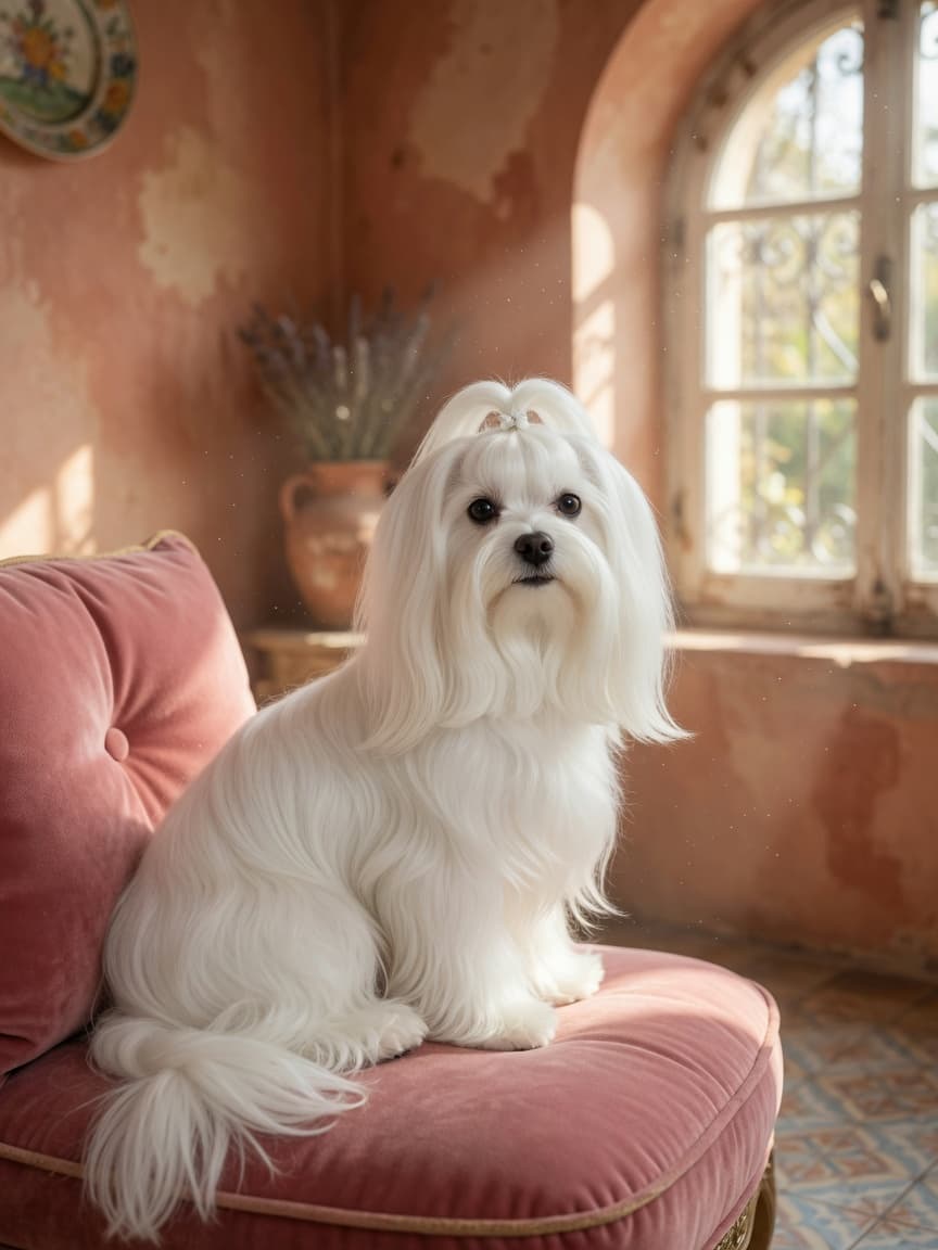 Elegant white Maltese dog with long silky coat sitting on cushion in sunlit Mediterranean room
