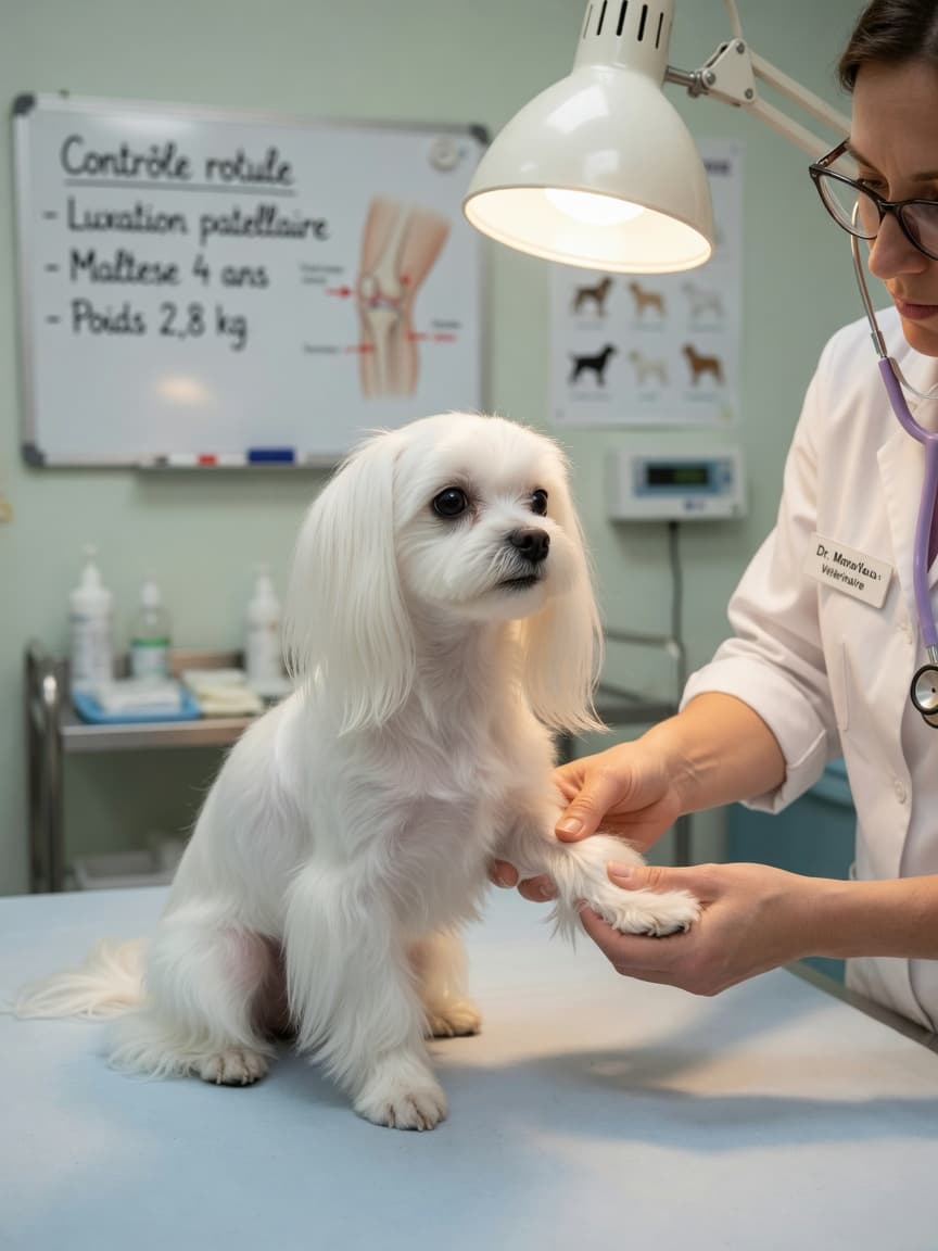 Veterinarian examining a white Maltese's hind leg for patellar luxation during clinical examination