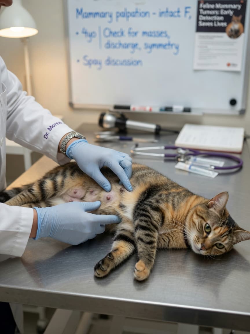 Veterinarian performing a mammary gland examination on a cat during a clinical checkup