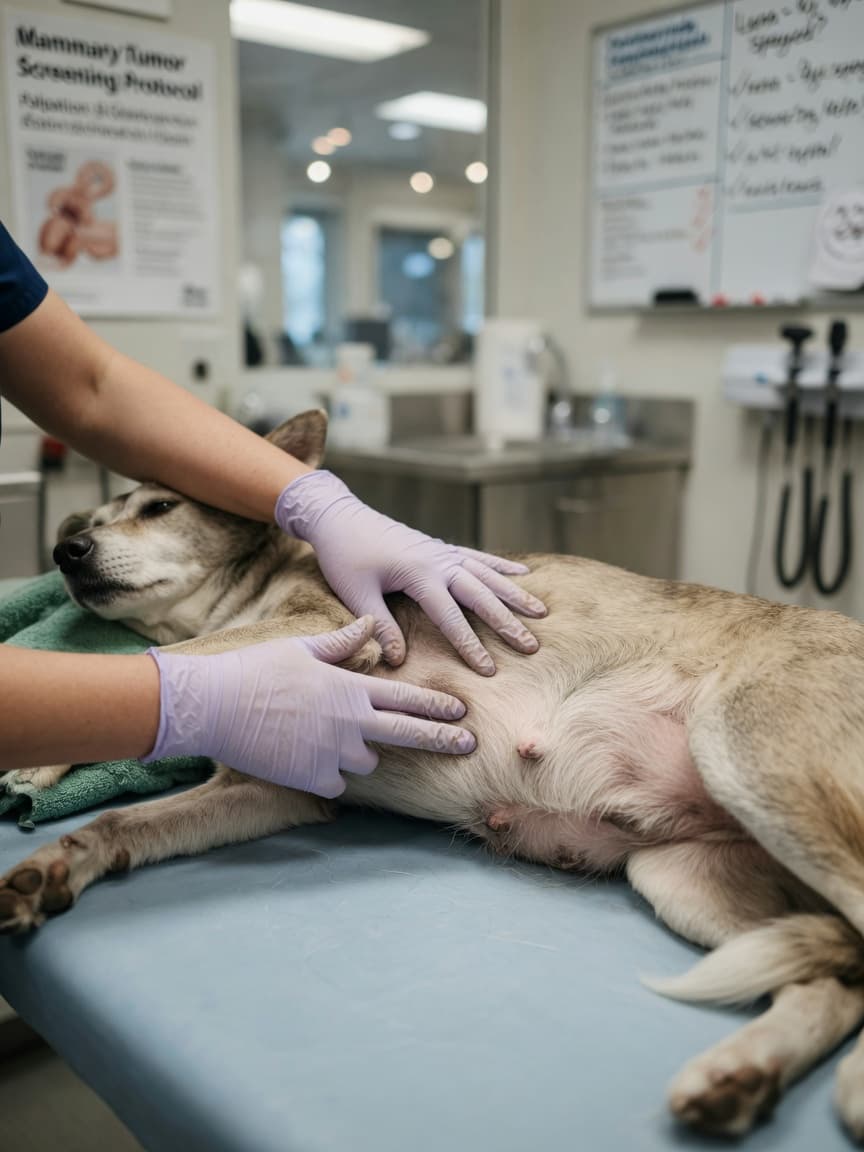 Veterinarian performing a careful mammary gland examination on a calm dog during clinical assessment