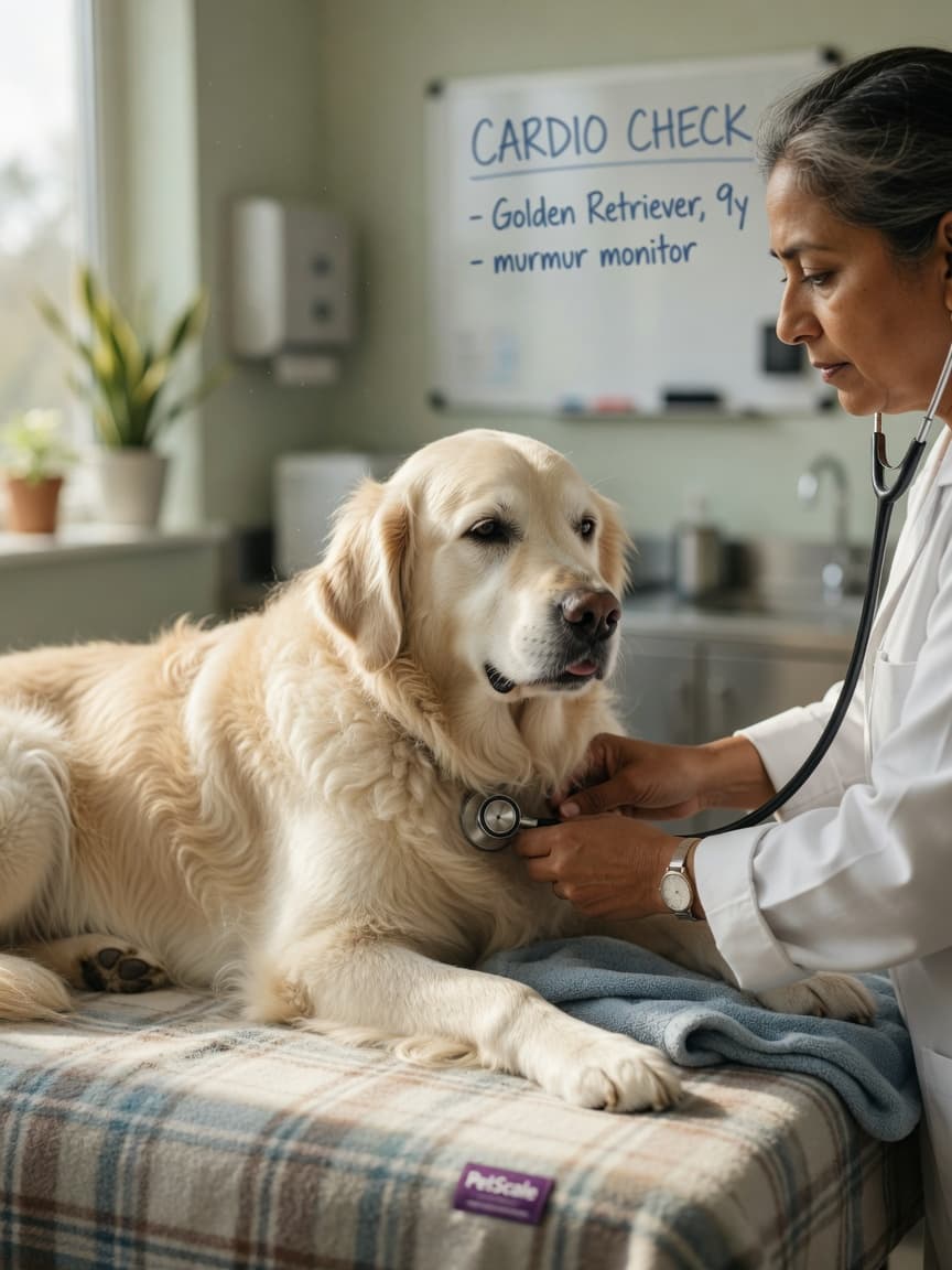 Veterinarian performing cardiac examination on a golden retriever with stethoscope during heart disease assessment