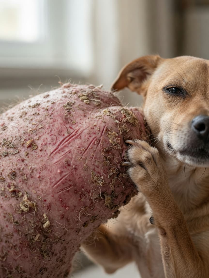 Close-up of a dog's skin showing patchy hair loss and red inflamed areas characteristic of mange, with visible scratching marks and discomfort