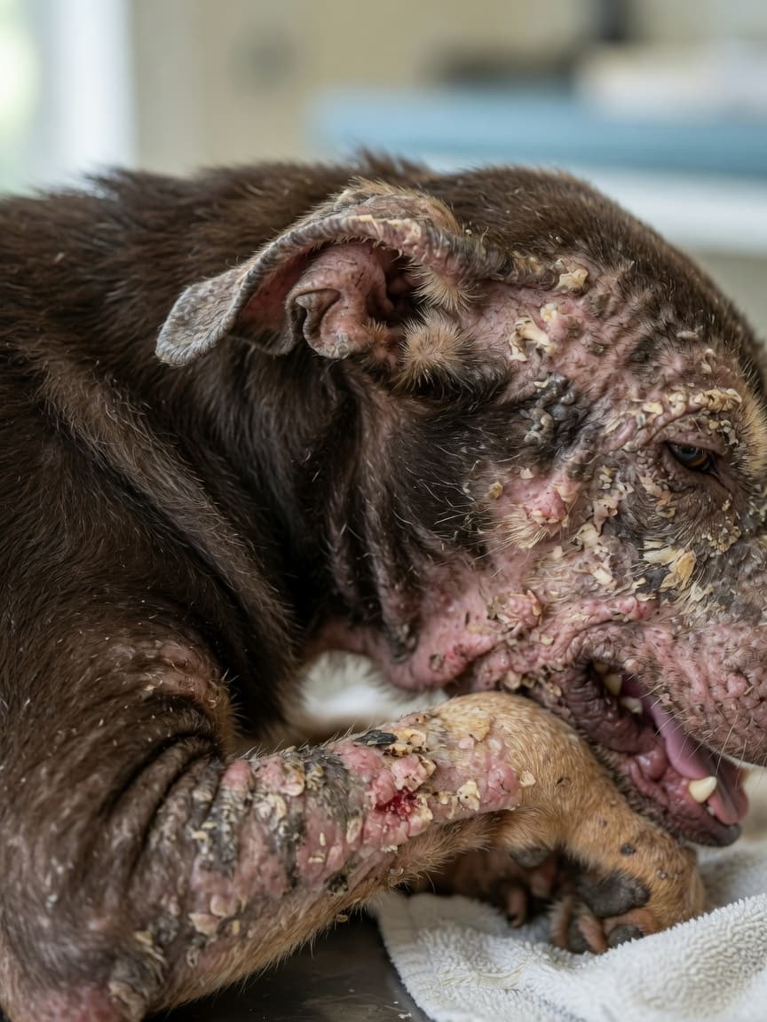 Close-up of a dog's skin showing patchy hair loss, red inflammation, and crusting characteristic of mange