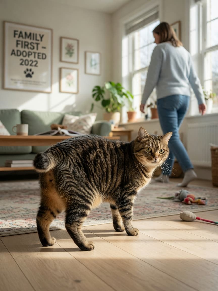 A tailless Manx cat with compact muscular build and rounded features following a family member through a sunlit living room, showing the breed's devoted and interactive nature