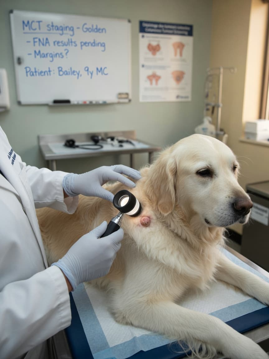 Veterinary oncologist examining a mast cell tumour on a Golden Retriever's skin with dermatoscope during clinical consultation